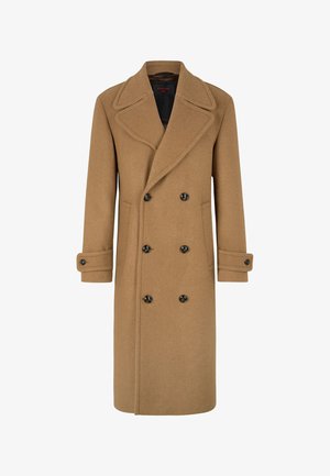 Manteau en laine marron à double boutonnage avec des revers, boutons noirs et poches latérales. Il présente une coupe ajustée et des manches longues.