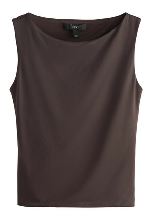 Bluzka bez rękawów w ciemnobrązowym kolorze z okrągłym dekoltem i gładką, jednokolorową tkaniną.