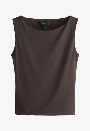 Blouse marron foncé sans manches avec un col rond et une texture de tissu lisse et unie.