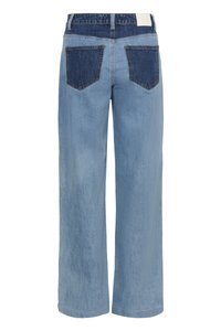 Light blue wide-leg jeans with a darker denim waistband and back pockets, featuring a smooth texture and contrasting pocket design.
