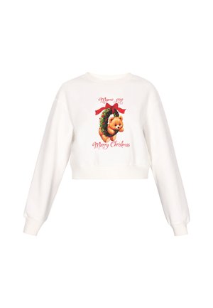 Crop sweatshirt in white cotton with a festive graphic of a bear and wreath, featuring red accents and text reading "Merry Christmas."