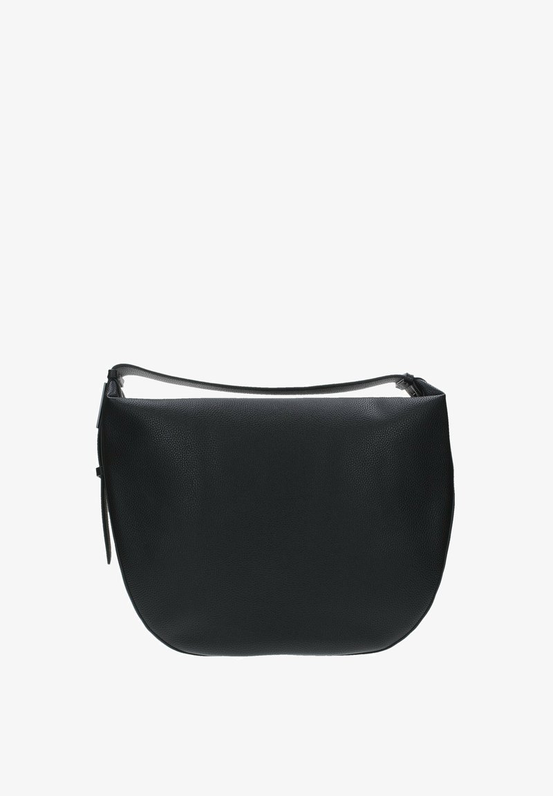 Sac à bandoulière noir en cuir, de forme ovale avec une surface texturée, doté d'une sangle plate et d'une fermeture zippée sur le dessus. Design minimaliste.