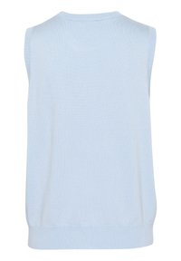 Pull sans manches bleu clair avec un col rond, ourlet côtelé et texture lisse. Design simple sans motifs ni accents visibles.