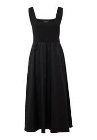 Schwarzes ärmelloses Kleid mit quadratischem Ausschnitt, taillierter Oberseite und fließendem Rock. Hergestellt aus glattem Stoff mit dezentem Glanz. Keine sichtbaren Muster oder Akzente.