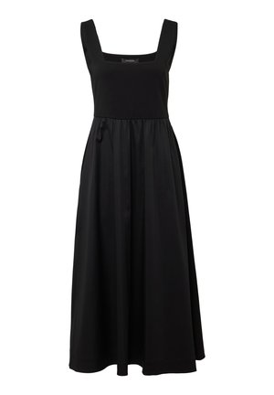 Schwarzes ärmelloses Kleid mit quadratischem Ausschnitt, taillierter Oberseite und fließendem Rock. Hergestellt aus glattem Stoff mit dezentem Glanz. Keine sichtbaren Muster oder Akzente.