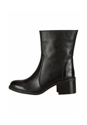Stivale alla caviglia in pelle nera con punta rotonda, dettaglio sulle cuciture laterali e tacco basso a blocco. Presenta un accento con logo sul tacco.