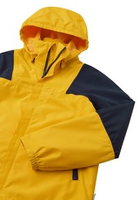 Veste à capuche jaune et marine avec fermeture éclair à l'avant, poignets élastiques et texture légère et lisse. Présente un design en blocs de couleurs.