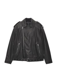 Veste de biker en simili cuir noir avec une fermeture éclair frontale asymétrique, deux poches zippées, épaulettes et une taille ceinturée.