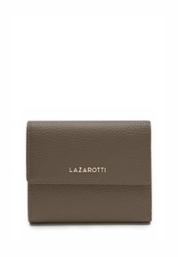 Portafoglio in pelle marrone con superficie texture, dotato di chiusura a patta e logo "LAZAROTTI" in lettere dorate sulla parte anteriore.