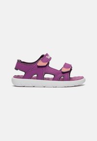 Violet sandals dengan aksen merah jambu, terbuat dari bahan sintetik. Memiliki tali pengatur, desain terbuka, dan sol karet putih.