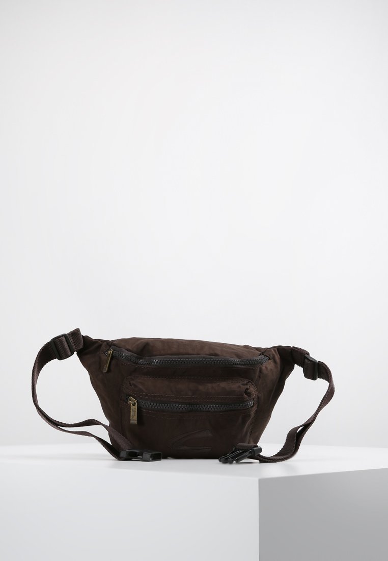 Brown fabric waist bag with adjustable strap, featuring a main zippered compartment and a front pocket, showcasing a textured surface.