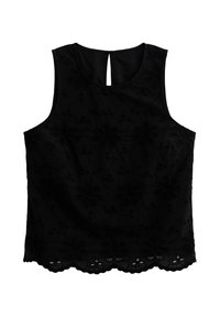 Top sin mangas negro con bordado floral, apertura en la parte posterior y dobladillo con forma de ondas. Textura suave con un color sólido en toda la prenda.