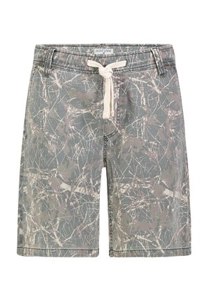Grau-beige Shorts mit abstraktem Muster, Tunnelzugbund und Gürtelschlaufen, mittellang, mit vorderer Naht und Etikett innen im Bund.