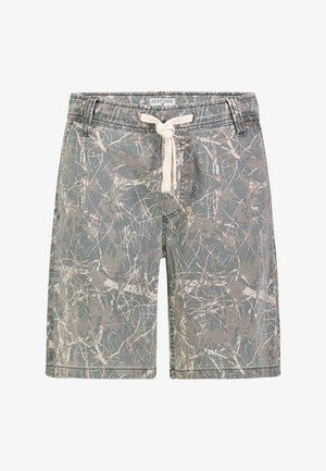 Grau-beige Shorts mit abstraktem Muster, Tunnelzugbund und Gürtelschlaufen, mittellang, mit vorderer Naht und Etikett innen im Bund.