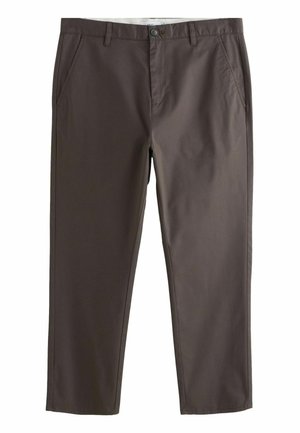 Pantaloni casual maro cu croială dreaptă, buzunare frontale, bucle pentru curea, nasture și fermoar.