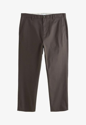 Braune legere gerade geschnittene Hose mit Vordertaschen, Gürtelschlaufen, Knopf- und Reißverschluss.