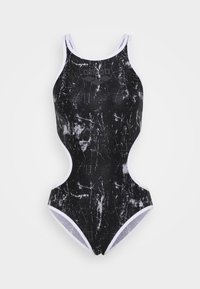 Costume intero nero con un motivo astratto bianco, caratterizzato da un design racerback e dettagli bianchi lungo i bordi.
