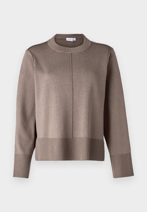 Brown knit sweater with a high neckline, ribbed cuffs and hem, and a smooth texture. Features a seam down the center front for added detail.