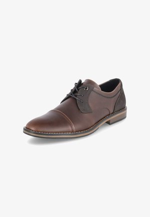 Chaussure habillée pour homme en cuir marron avec laçage à l'avant, bout droit, panneaux latéraux texturés et bordure cousue sur une semelle superposée.