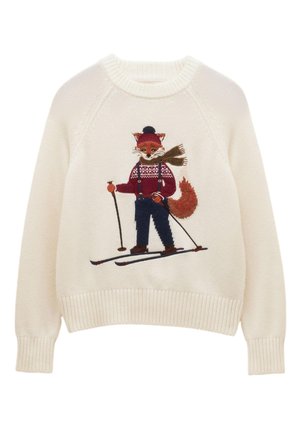 Kremfarvet sweater med en ræv iført en rød sweater, hat, tørklæde og ski, der holder skistave, centreret foran.