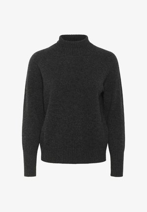 Sötét szürke pulóver, magas bordázott nyakkal. Hosszú ujjak és puha, texturált anyag jellemzi. Klasszikus, laza illeszkedésű dizájn.