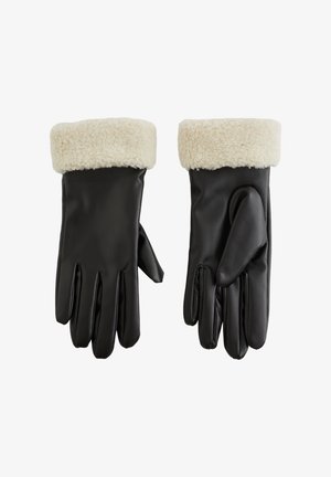 Gants en cuir noir avec un manchon en fausse fourrure crème. Présentent un design élégant et une texture lisse, idéaux pour les temps froids.