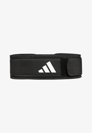 Black training belt featuring a textured fabric, adjustable Velcro closure, and a prominent white logo with three diagonal stripes.