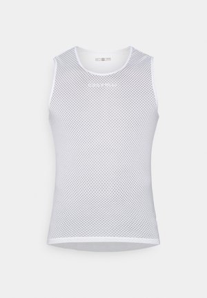 Vit mesh tanktop med rund halsringning, ärmlös design och diskret logodetalj i mitten. Lätt och luftigt tyg.