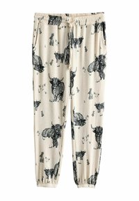 Beige joggingbukser med sort dyreprint, herunder højslandskøer og kaniner. Elastisk talje og manchetter med sidelommer.