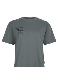 Harmaa puuvillainen t-paita, jossa on lyhyet hihat, pyöreä pääntie ja edessä musta painettu grafiikka, jossa lukee "Women of the Wave".