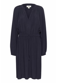 Navyblaues Kleid mit langen Ärmeln, V-Ausschnitt und gerafftem Taillenbereich. Hergestellt aus einem leichten Stoff mit lockerer Passform und subtiler Textur.