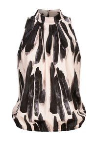 Blouse sans manches à col haut avec un motif abstrait de coups de pinceau noirs sur tissu beige clair et un détail bas froncé.