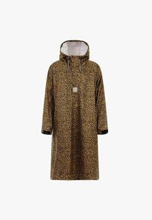 Impermeabile con stampa leopardata, dotato di cappuccio, vestibilità ampia, cordino e una pettorina sul davanti. Realizzato in materiale impermeabile.