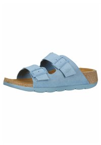 Sandalo scivoloso in suede blu chiaro con due cinturini regolabili, soletta in sughero e suola in gomma testurizzata. Presenta dettagli del logo impressi.