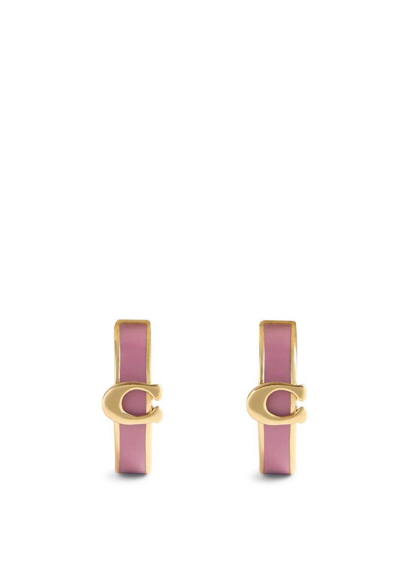 Gold-tone hoop earrings featuring a rectangular design with a glossy pink enamel inlay and a small logo accent at the side.