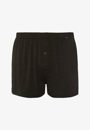 Boxer in cotone verde scuro con vita elastica, dotati di un singolo bottone di chiusura e una piccola tasca frontale.