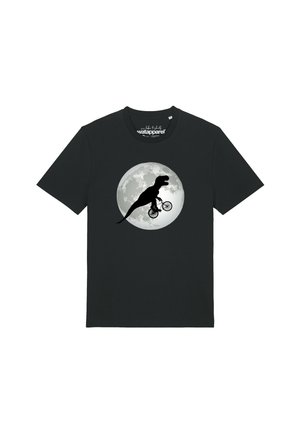 Schwarzes T-Shirt mit einer Grafik eines Dinosauriers, der auf einem Fahrrad vor einem Vollmond silhouettiert ist.