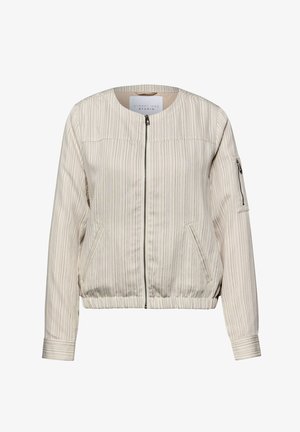 Veste décontractée beige clair à fines rayures verticales, fermeture éclair à l'avant, deux poches latérales, ceinture élastique et poche zippée sur la manche gauche.