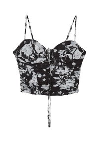 Top corto floreale in bianco e nero con sottili spalline regolabili, texture arricciata e dettaglio con cordoncino davanti.