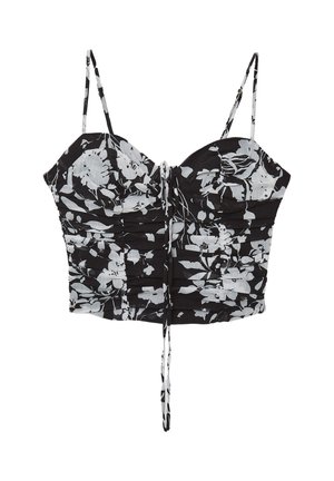 Top corto floreale in bianco e nero con sottili spalline regolabili, texture arricciata e dettaglio con cordoncino davanti.