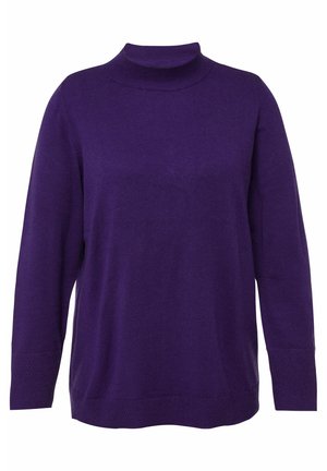 Pull en maille violet avec un col haut, des manches longues et des accents texturés aux poignets et à l'ourlet. Fabriqué à partir d'un tissu doux en tricot.