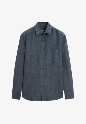 Donkerblauw overhemd met lange mouwen en knopen, met borstzak en spreidkraag, gemaakt van gestructureerde stof.