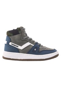 High-top sneakers van grijs canvas, met blauwe accenten, een witte streep, camouflage textiel op de kraag en een gestructureerde rubberen buitenzool.