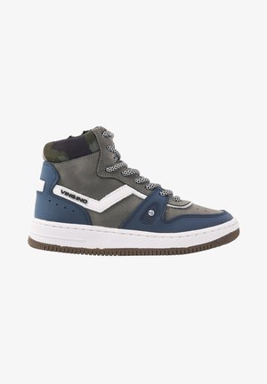 High-top sneakers van grijs canvas, met blauwe accenten, een witte streep, camouflage textiel op de kraag en een gestructureerde rubberen buitenzool.