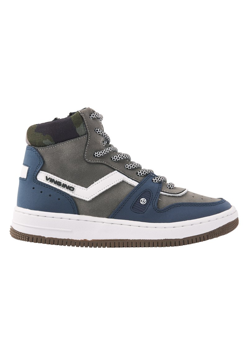 High-top sneakers van grijs canvas, met blauwe accenten, een witte streep, camouflage textiel op de kraag en een gestructureerde rubberen buitenzool.