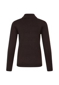 Pull marron foncé à manches longues avec col, poignets et ourlet côtelés, montré de dos sur fond blanc.