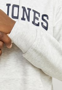 Sudadera gris claro con puños acanalados y un gran logotipo impreso en navy "JONES" en el pecho. Textura suave y diseño casual.