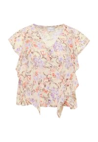Blusa floreale con scollo a V, maniche a cappuccio morbide e chiusura a bottoni. Realizzata in tessuto leggero dai colori pastello con motivi di foglie e fiori.