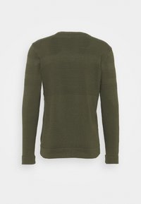 Pull vert olive à manches longues avec des motifs tricotés en relief sur la poitrine, les épaules et le haut des bras, vu de dos.