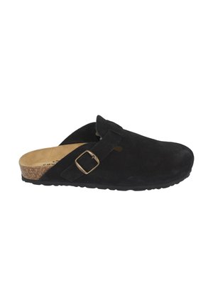 Zueco de ante negro tipo slip-on con correa ajustable de hebilla de latón, plantilla de corcho y suela de goma negra texturizada, presentado sobre fondo blanco.